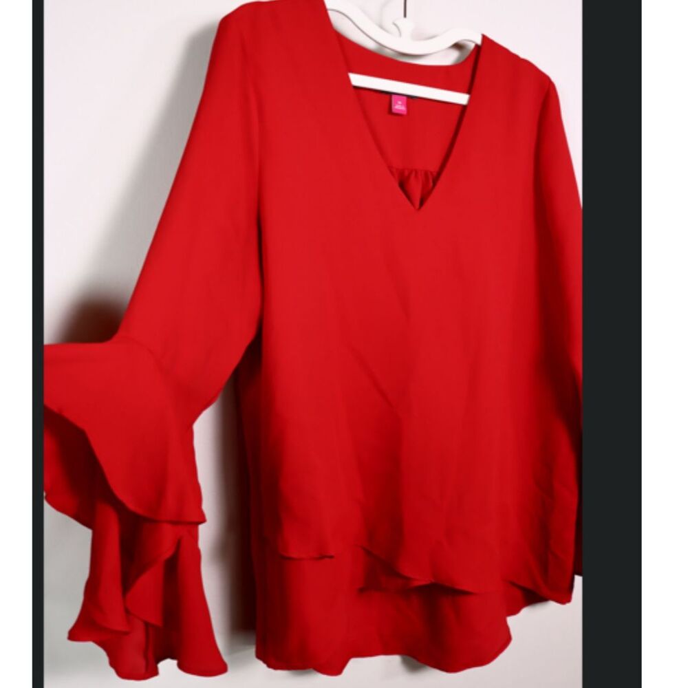 Vince Camuto Red Ruffle Sleeve V Neck Blouse Medium Large Dressy Top - Picture 3 of 8